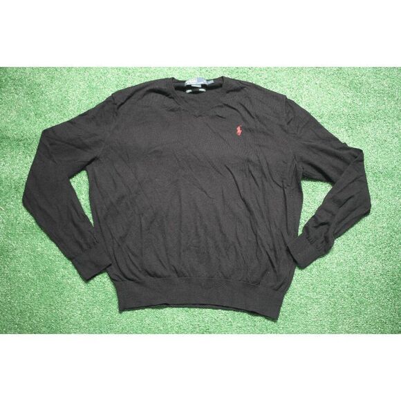 Polo Ralph Lauren Men's Black Merino Wool Slim Fit V-Neck Sweater XXL Red Pony L - Picture 1 of 7